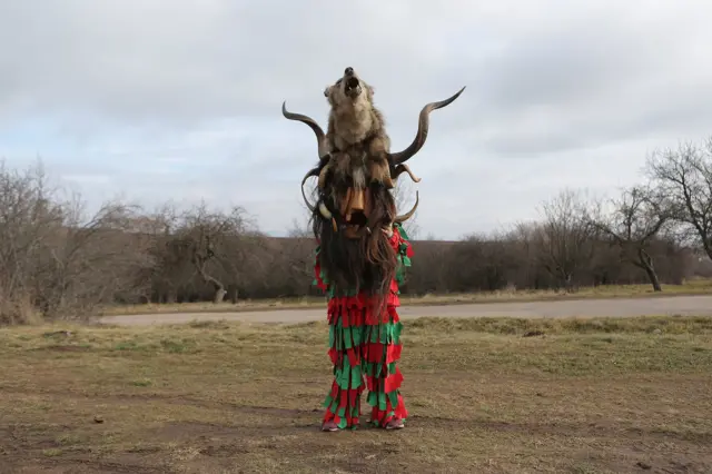 Dečak pozira sa maskom koju karakteriše kombinacija amtroporfnih i zoomorfnih motiva. Dok je antropomorfna osnova maske načinjena od drveta, masku karakteriše prisustvo mnoštva rogova, a na vrhu nalazi preparirani vuk. Meštani Sadovika poklanjaju veliku pažnju izradi survakarskih maski koje se ističu pre svega svojom veličinom, ali i prisustvom neobičnih kombinacija koje uključuju elemente životinjskog porekla.