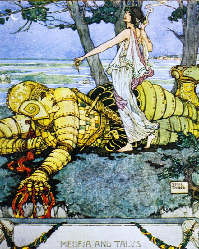 托马斯·布尔芬奇一本关于希腊神话中的神祗和英雄故事的书（1920）中塔洛斯的彩色插图，插图作者是西贝尔· 陶斯（Sybil Tawse）