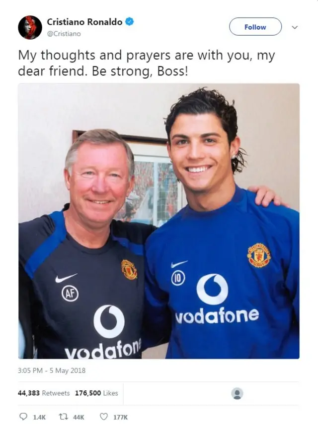 คริสเตียโน โรนัลโด โพสต์ภาพของตัวเอง ที่ถ่ายคู่กับ เซอร์อเล็กซ์ สมัยที่เขายังเป็นนักแตะของสโมสรแมนเชสเตอร์ยูไนเต็ด