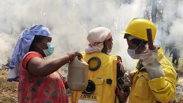 कैलालीको एउटा सामुदायिक वनमा सचेतना कार्यक्रमअन्तर्गत डढेलो नियन्त्रण गर्ने अभ्यास गर्दै स्थानीय उपभोक्ताहरू