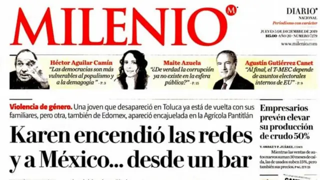 Portada del diario Milenio del 5 de diciembre de 2019