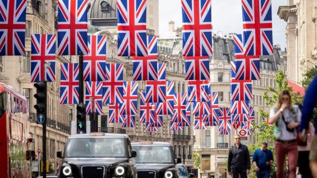 Union flags decorate Regent Street in London in May 2022