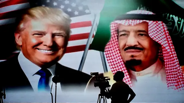 Backdrop showing Donald Trump and Saudi King Salman bin Abdulaziz Al Saud