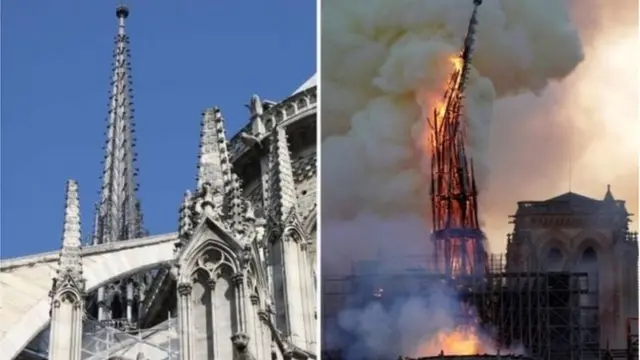 বামে এক বছর আগে তোলা গির্জার বুরূজের ছবি, আর ডানেরটি তোলা সোমবারে যখন এটি আগুনে পুড়ছিলো