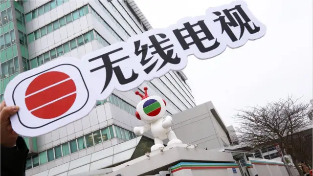 Civic Party and Neo Democrats stage a protest against the simplified Chinese subtitles appear on Television Broadcasts Limited(TVB) Mandarin TVB news programme programme at the entrance of the TVB Headquarters in Tseung Kwan O. 23FEB16