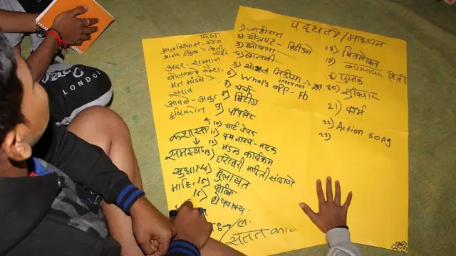 صبية يجلسون منصتين خلال إحدى جلسات برنامج "العمل من أجل المساواة" في مدينة بونا