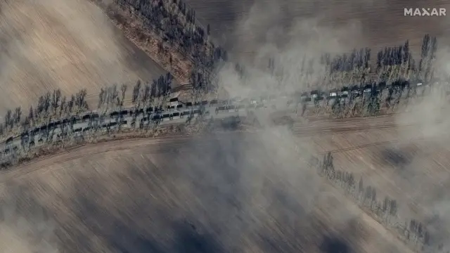 A handout satellite image made available by Maxar Technologies shows Russian ground forces in convoy near of Ivankiv, Ukraine, 27 February 2022.
