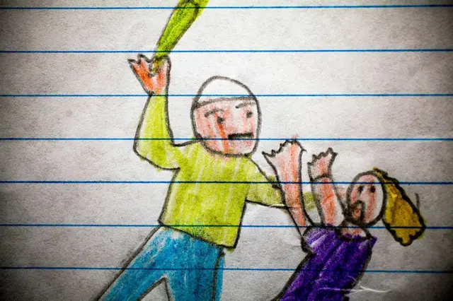 Uno de los dibujos de los niños del Centro Educativo Dr. Bloem en Sacoj Mixco y la escuela oficial del asentamiento La Paz en Villa Nueva de Guatemala sobre violencia.