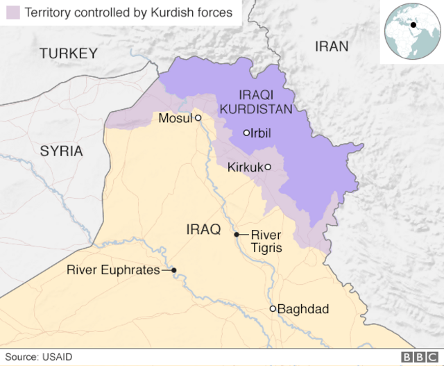 イラクのクルド人自治区（紫）とクルド人勢力が実質的に支配する地域（薄紫）