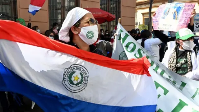 Personal sanitario protestando en Paraguay.