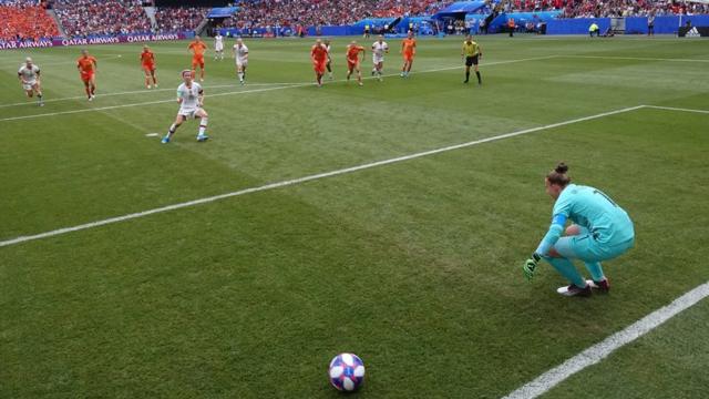 Megan Rapinoe of the USA scores her team's first goal from the penalty spot past Sari Van Veenendaal of the Netherlands during the 2019 FIFA Women's World Cup France Final match between The United States of America and The Netherlands at Stade de Lyon on July 07, 2019 in Lyon, France.