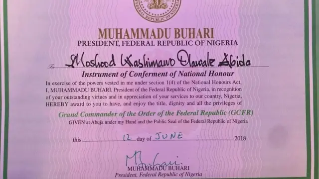 Ìwé ẹ̀rí tí wọn fún Abiọla