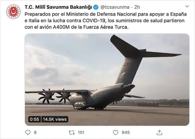 در تاریخ ۳۱ مارس، وزارت دفاع ترکیه در توییتر، کمکهای خود به اسپانیا و ایتالیا را اعلام کرد