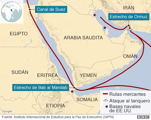 Mapa con las rutas mercantes en el golfo Pérsico.