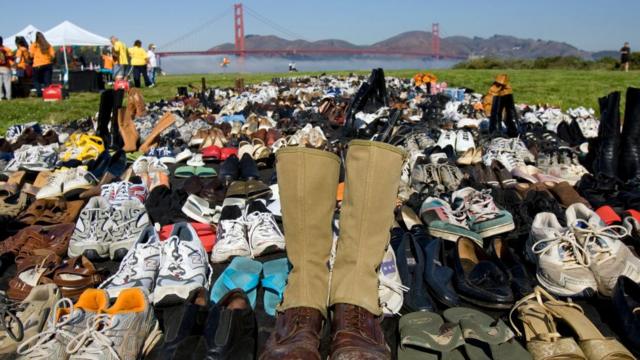 Display with hundreds of pairs of shoes to symbolise the people who killed themselves at Golden Gate Bridge