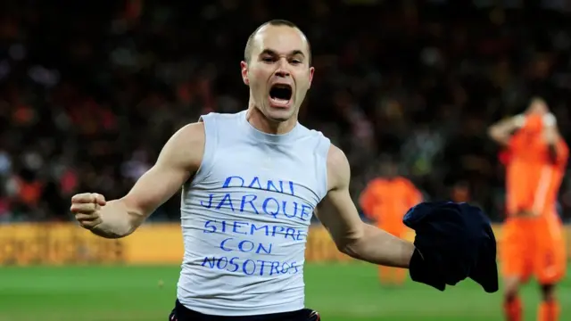 Andres Iniesta of Spain celebrates scoring his side's first goal during the 2010 FIFA World Cup South Africa Final match between Netherlands and Spain at Soccer City Stadium on July 11, 2010 in Johannesburg