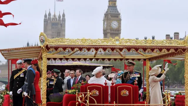 Queen Elizabeth II and Duke of Edinburgh onboard the Spirit of Chartwell during the Diamond Jubilee Pageant on the River Thames in London. PRESS ASSOCIATION Photo. Picture date: Sunday June 3, 2012