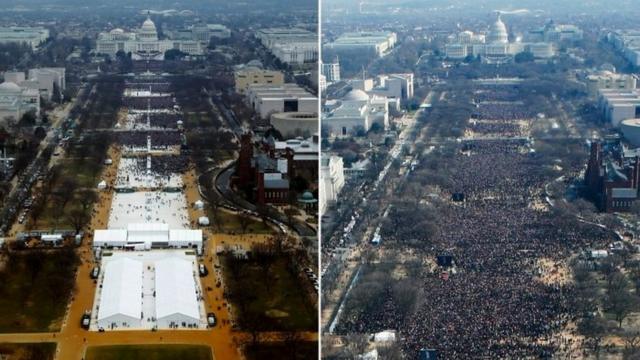 به نظر می رسید مراسم تحلیف ترامپ (چپ) مخاطبان کمتری نسبت به اوباما (راست) داشت