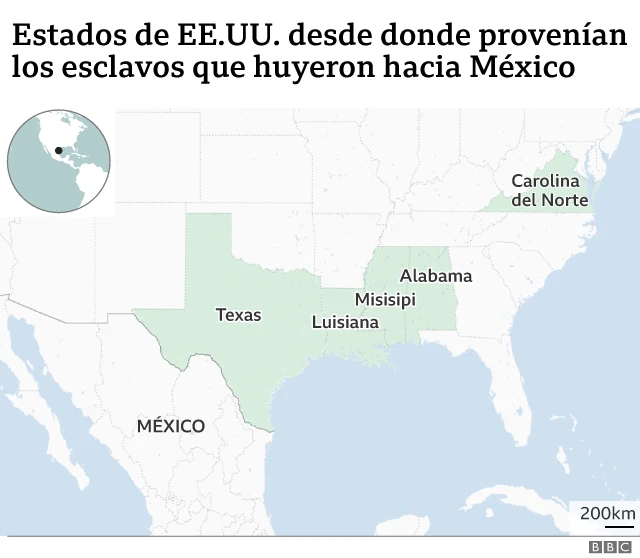Mapa que muestra los estados de donde provenían los esclavos que cruzaron hasta México a través de Texas.
