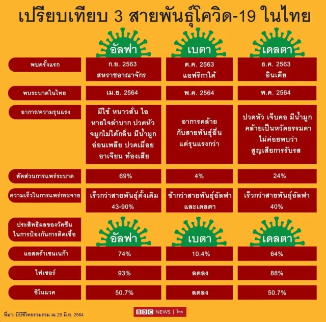เปรียบเทียบสายพันธุ์โควิดที่พบในไทย