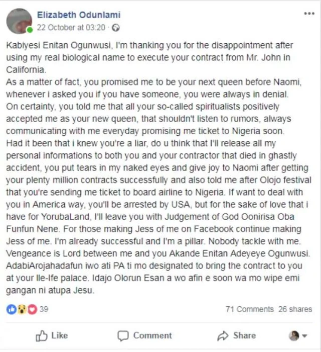 Ọrọ Elizabeth Odunlami loju opo Facebook.