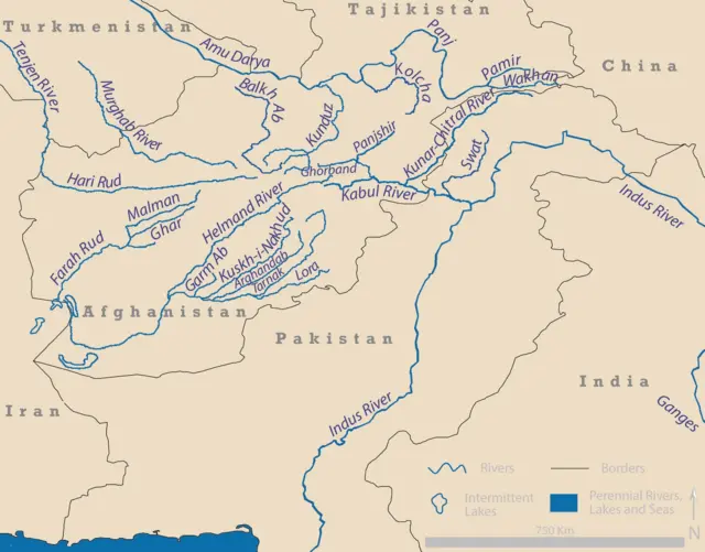 د افغانستان سیندونه چې ګاونډیو هېوادونو ته بهېږي.
