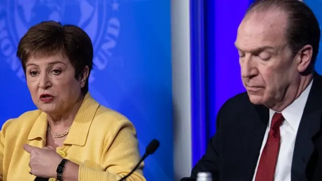 वर्ल्ड बैंक के अध्यक्ष डेविड मालपास के साथ आईएमएफ़ की प्रबंध निदेशक क्रिस्टालीना जॉर्जिएवा