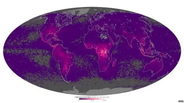 ਸਾਲ 1995 ਤੋਂ 2013 ਦਰਮਿਆਨ ਪ੍ਰਤੀ ਕਿੱਲੋਮੀਟਰ ਡਿੱਗੀਆਂ ਬਿਜਲੀਆਂ ਦਾ ਨਕਸ਼ਾ। ਤਸਵੀਰ ਸਰੋਤ-ਨਾਸਾ