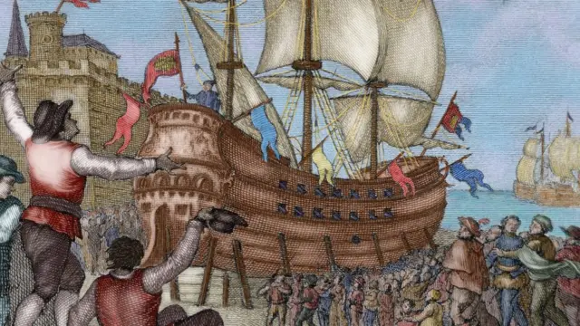 Ilustración de la nao Victoria de regreso en Sevilla