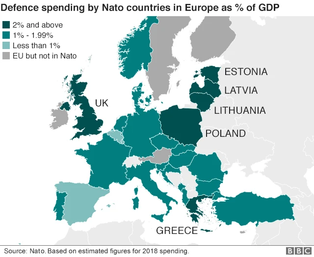 Map of Nato spending by country Arjooma biyyootaa Nato'f