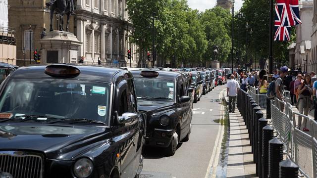 Taxis lined up in London during a protest