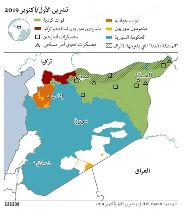 خريطة مناطق تسيطر عليها قوات مختلفة في سوريا
