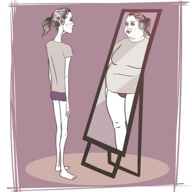 Ilustración de una mujer delgada mirándose al espejo y viéndose gorda