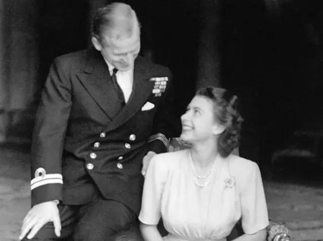 Princess Elizabeth and her fiance Lieut. Philip Mountbatten, at Buckingham Palace