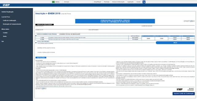 Cartão de inscrição do Enem