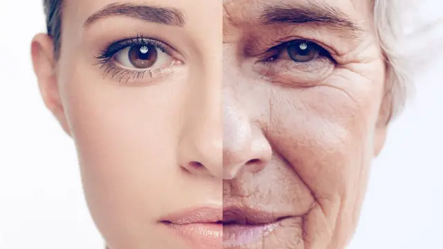 Mitad de un rostro joven junto a otra mitad de un rostro mayor