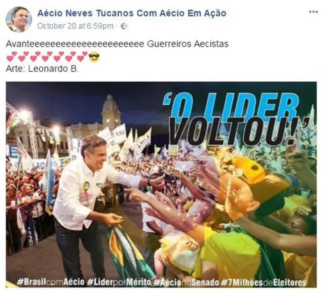 Cartaz com fotocomo se joga roleta brasileiraAécio diz: 'O líder voltou!'