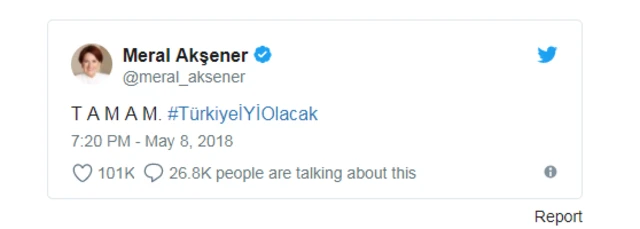 তুর্কি রাজনীতিক মেরাল আকসেনের এই হ্যাশট্যাগ # তামাম প্রচারণায় যুক্ত হয়েছেন।