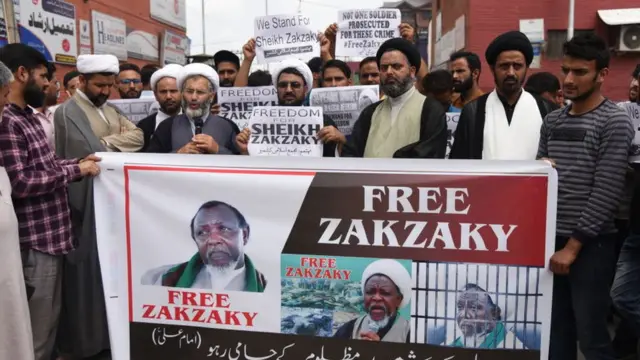 Shia Muslim demonstrators hold banner Srinagar, India to protest El-Zakzaky freedom