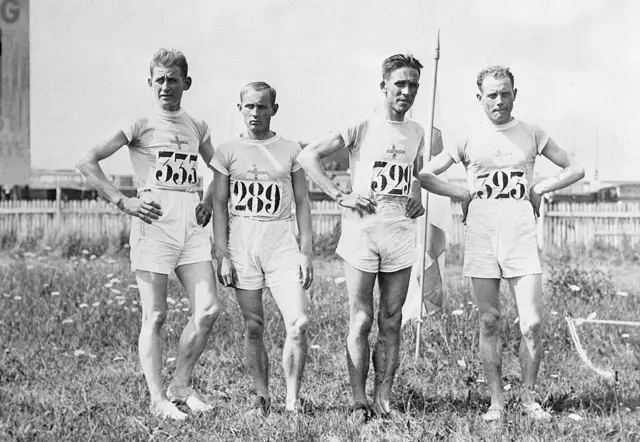Pictured (L-R) are: V.J. Sipila; E.E. Berg; Ville Ritola and Paavo Nurmi