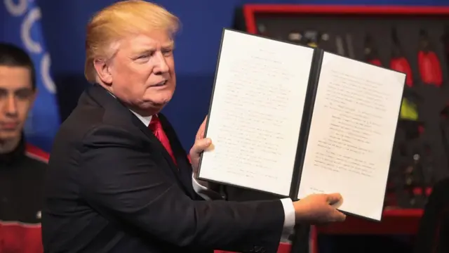 'బై అమెరికన్ - హైర్ అమెరికన్' ఎగ్జిక్యూటివ్ ఆర్డర్‌ను చూపుతున్న డొనాల్డ్ ట్రంప్