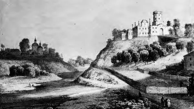 Корець. Руїни замку. Літографія Наполеона Орди