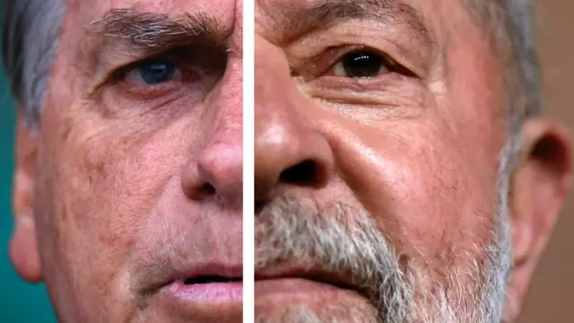 Fotomontagem com os rostosblaze roletaBolsonaro e Lula