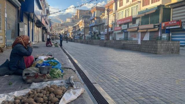 Empty streets and a local market in Leh in Ladakh. Local officials said the markets were empty due to the Coronavirus-related lockdown.