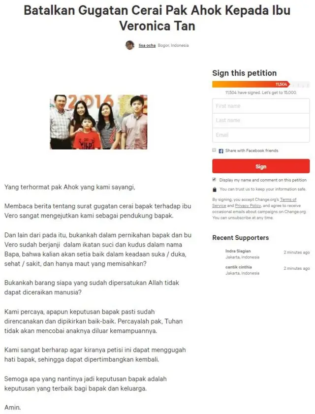 Petisi di situs change.org dibuat Lisa karena sayang Ahok