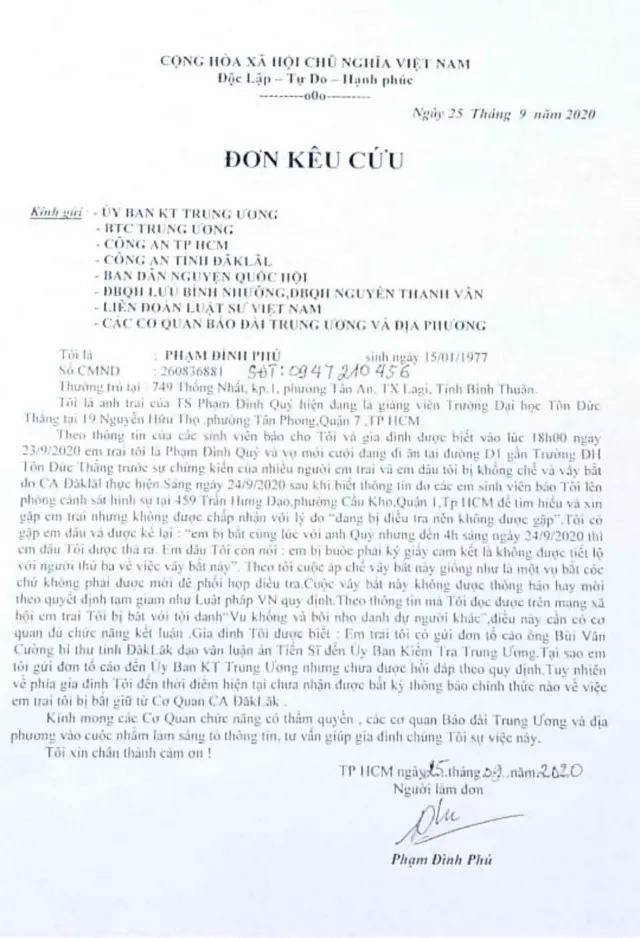 Đơn kêu cứu của ông Phạm Đình Phú, anh trai ông Phạm Đình Quý.
