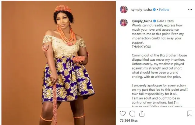 Tacha inside her appology letter