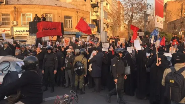 Iranians gather in front of Embassy of the United Kingdom to protest against British Ambassador Rob Macaires attendance to a protest last night at Amirkabir University in Tehran, Iran on January 12, 2020.