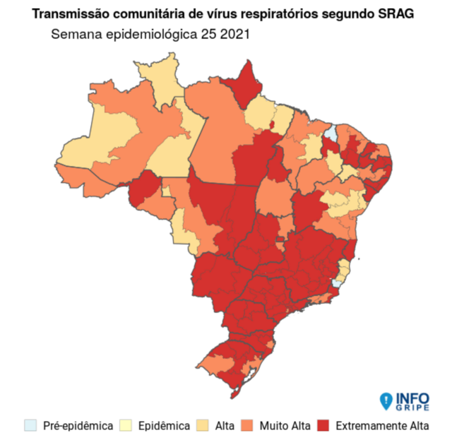 Mapa do Brasil que classifica transmissão comunitáriabetnacional promoçãovírus respiratórios