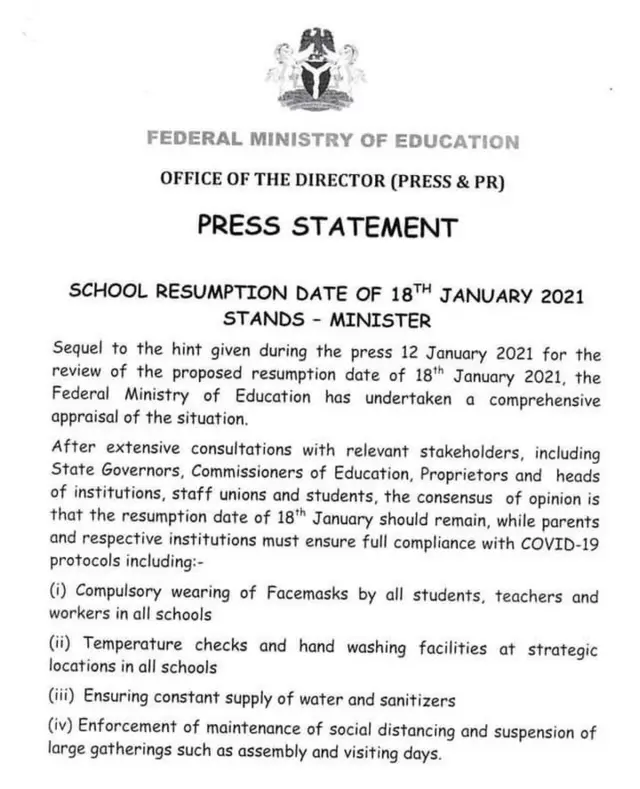 ew date for School resumption: Ìjọbá àpapọ̀ tún yíhùn padà lórí ọjọ ìwọlé àwọn akẹ́ọ̀ọ́